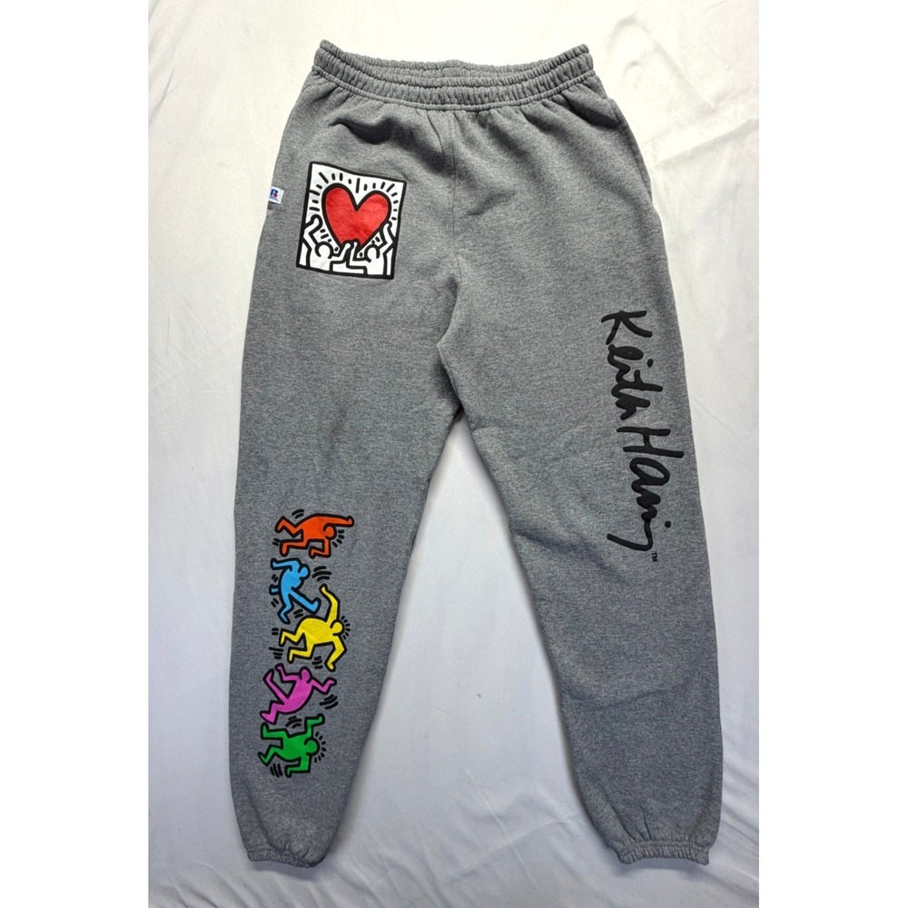 Keith Haring Jogger Pants Men L Gray Colorful Dancing Figures Graphic Drawstring